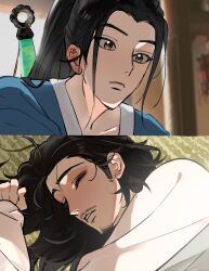  2boys all_wishes_come_true! black_hair blanket blue_hanfu blurry blurry_background blush brown_eyes chinese_clothes closed_eyes closed_mouth collarbone ear_blush facial_hair goupai_dashi hair_down hair_pulled_back hanfu high_ponytail highres implied_yaoi indoors long_hair long_sleeves lu_dongbin_(all_wishes_come_true!) lying male_focus multiple_boys mustache_stubble on_side parted_lips ponytail robe sidelocks sleeping sleeves_past_wrists split_screen stubble sword sword_on_back under_covers upper_body weapon weapon_on_back white_hanfu zhongli_quan_(all_wishes_come_true!) 