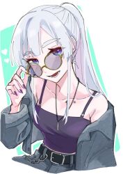  1girl belt black_belt blue_jacket blush breasts camisole cho_kaguya-hime! collarbone_piercing commentary_request jacket jewelry long_hair medium_breasts nail_polish necklace open_clothes open_jacket open_mouth piercing ponytail purple_camisole purple_nails round_eyewear runami_yachiyo solo sunglasses syunka_11 violet_eyes white_hair 
