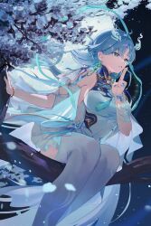  1girl absurdres ahoge bare_shoulders blue_eyes blue_hair blue_petals breasts commentary_request dress earrings feet_out_of_frame fiery_horns forehead_tattoo full_moon hair_intakes hair_ornament hair_stick hand_up highres horns jewelry large_breasts long_hair looking_ahead moon night nininininil outdoors parted_lips petals qingxiao_(wuthering_waves) sitting sitting_on_branch solo sword_fingers tattoo thigh-highs white_dress white_thighhighs wuthering_waves 
