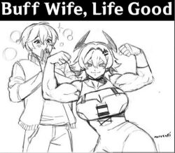 1boy 1girl caesar_king_(zenless_zone_zero) flexing long_hair meme muscular muscular_female short_hair wise_(zenless_zone_zero) zenless_zone_zero