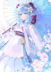  absurdres alternate_costume bell black_bow black_horns blue_butterfly blue_eyes blue_hair blue_leaf blue_umbrella bow brown_sash bug butterfly crescent cropped_jacket flower ganyu_(genshin_impact) genshin_impact hair_bow hair_flower hair_ornament hair_ribbon hanbok highres holding holding_umbrella horns korean_clothes leaf_hair_ornament long_hair long_skirt long_sleeves low_ponytail malfuncio multicolored_eyes multicolored_horns outdoors pink_eyes pink_flower plant ponytail red_horns red_ribbon ribbon sash sidelocks skirt two-tone_horns umbrella waist_sash white_flower white_hair white_hanbok yellow_eyes 