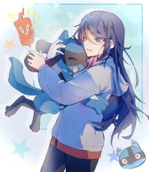  1girl black_fur black_hair black_pants blue_eyes blue_fur blush chibi chibi_inset chigira_sakuko closed_eyes cowboy_shot creature drop_shadow ear_blush grey_jacket hair_between_eyes highres holding holding_creature holding_pokemon hood hood_down hooded_jacket hoshino_ichika_(project_sekai) hug jacket long_sleeves looking_at_creature lucario one_eye_closed open_mouth pants parted_lips phone pokemon pokemon_(creature) project_sekai red_shirt riolu rotom rotom_phone shirt sidelocks smile star_(symbol) two-tone_fur 