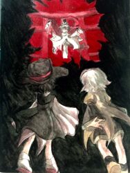  3others androgynous bad_id bad_twitter_id bare_legs black_background black_coat black_hair black_hat black_kimono black_shorts black_socks boots brown_boots brown_coat coat coattails collared_socks commentary_request enraku_tsubakura eye_of_senri eye_on_hat face-to-face faceless floating from_behind full_body green_hakama grey_hair hakama hakama_short_skirt hakama_skirt hat hat_ribbon highres hole houlen_yabusame jandare japanese_clothes jinbei_(clothes) kariginu kimono layered_sleeves len'en long_sleeves multiple_others ofuda ofuda_on_clothes other_focus outstretched_hand pleated_sleeves puffy_short_sleeves puffy_sleeves red_ribbon red_sandals ribbon sandals senri_tsurubami shirt short_hair short_kimono short_over_long_sleeves short_sleeves shorts skirt sleeveless sleeveless_coat sleeves_past_fingers sleeves_past_wrists socks tabi tailcoat tate_eboshi top_hat torii traditional_media white_shirt white_socks wide_sleeves zouri 