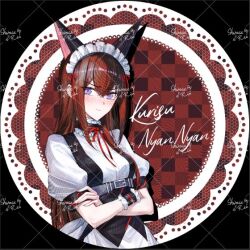  1girl animal_ears black_dress blue_eyes blush bow breasts brown_hair cat_ears character_name checkered_background closed_mouth commentary_request crossed_arms double-parted_bangs dress fake_animal_ears hair_bow long_hair looking_at_viewer maid maid_headdress makise_kurisu neck_ribbon official_alternate_costume puffy_short_sleeves puffy_sleeves red_bow red_hair red_ribbon ribbon science_adventure shirase_rin short_sleeves sidelocks small_breasts solo steins;gate upper_body watermark white_dress 