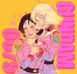  alloydia belt black_belt blonde_hair blue_eyes closed_eyes commentary earth_federation_space_forces facing_viewer flag_patch gundam hand_on_another's_chin happy jacket looking_at_viewer medium_hair mirai_yashima mobile_suit_gundam open_mouth patch pink_jacket sayla_mass smile teeth tongue unit_patch untranslatable_commentary 