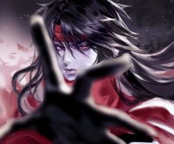  1boy absurdres black_gloves black_hair blurry blurry_background cape cloak closed_mouth commentary_request final_fantasy final_fantasy_vii gloves gradient_hair hair_between_eyes headband highres korean_commentary lips long_hair looking_at_viewer male_focus multicolored_hair open_hand outstretched_hand red_cape red_cloak red_eyes red_headband solo upper_body vegaressi vincent_valentine 