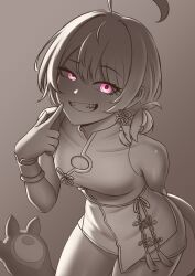  1girl ahoge arm_behind_back bracelet breasts chinese_clothes cipher4109 cleavage_cutout clothing_cutout commentary cowboy_shot dress earrings eye_on_tail fangs flower_knot gigi_murin gigi_murin_(casual) glowing glowing_eyes greyscale grin hand_up highres hololive hololive_english jewelry looking_at_viewer mandarin_collar monochrome official_alternate_costume official_alternate_hairstyle pink_eyes pointing pointing_at_self qipao raised_eyebrow sharp_teeth short_hair small_breasts smile solo spot_color tail tassel tassel_earrings teeth untranslatable_commentary virtual_youtuber 