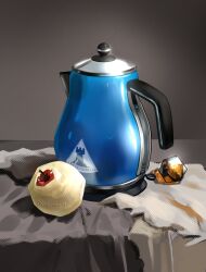 absurdres apple arknights arknights:_endfield bed_sheet commentary electric_kettle english_commentary food fruit grey_background highres kettle meme myooork no_humans originite_prime_(arknights) perlica's_peeled_apple_(meme) rhodes_island_logo_(arknights) simple_background still_life watermark 