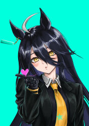  1girl absurdres ahoge animal_ears black_coat black_gloves black_hair black_shirt blowing_kiss blush coat collared_shirt commentary_request ear_tag earrings gloves hair_between_eyes heart highres horse_ears horse_girl jewelry long_hair long_hair_between_eyes long_sleeves manhattan_cafe_(creeping_shadow)_(umamusume) manhattan_cafe_(umamusume) miucv multicolored_hair necktie puckered_lips shirt simple_background single_earring solo umamusume upper_body white_hair yellow_eyes yellow_necktie 