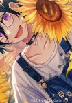  1boy 2016 azuma_hatori black_choker black_hair blue_overalls choker copyright flower holding holding_flower holostars kanade_izuru male_focus official_art open_mouth overalls round_eyewear shirt smile solo sunflower violet_eyes virtual_youtuber white_shirt yellow_flower 