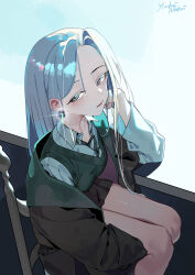  1girl absurdres arm_on_table arm_support black_robe black_skirt breasts chair commentary earrings from_above genderswap genderswap_(mtf) green_necktie green_sweater_vest grey_eyes grey_hair harry_potter_(series) highres jewelry long_hair looking_at_viewer malfoid medium_breasts natori_youkai necktie on_chair parted_lips robe shirt sitting skirt solo sweater_vest white_shirt wizarding_world 