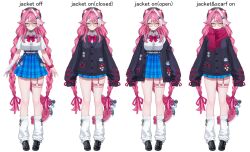  1girl arm_warmers black_cardigan black_choker black_jacket black_shoes blue_skirt bow bowtie braid braided_bangs breasts button_gap cardigan chattino_(raora_panthera) chest_harness choker closed_mouth commentary_request cross-laced_clothes cross-laced_sleeves english_commentary english_text full_body glasses hair_intakes hair_ornament hair_ribbon hairclip harness heart heart_choker highres hololive hololive_english jacket large_breasts leg_warmers loafers long_hair long_sleeves looking_at_viewer multicolored_hair multiple_views nekojira o-ring o-ring_thigh_strap official_alternate_costume official_art open_clothes open_jacket panther_girl panther_tail parallel_hairclips pink_bow pink_bowtie pink_hair pink_ribbon raora_panthera raora_panthera_(casual) red_scarf ribbon scarf school_uniform scrunchie shirt shoes short_sleeves simple_background single_arm_warmer skirt smile standing streaked_hair tail taut_clothes taut_shirt thigh_strap twin_braids very_long_hair virtual_youtuber white_arm_warmers white_background white_hair white_leg_warmers white_shirt white_streaks wing_collar wrist_scrunchie x_hair_ornament yellow_eyes 