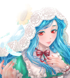  1girl blue_eyeshadow blue_hair blush bonnet braid braided_ponytail colored_eyelashes commentary_request dated dizzy_(guilty_gear) eyeshadow flower guilty_gear guilty_gear_strive hair_flower hair_ornament hand_on_own_chest highres long_hair makeup mature_female nail_polish official_alternate_costume open_mouth pink_nails queen_dizzy red_eyes smile sunflower sunflower_hair_ornament tongue tongue_out torokkotoo upper_body white_bonnet 