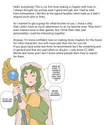  1girl absurdres cleric closed_eyes dress ebinku english_text fire_emblem fire_emblem:_thracia_776 green_dress green_hair highres holding holding_staff long_sleeves medium_hair open_mouth safy_(fire_emblem) simple_background solo speech_bubble staff sweatdrop upper_body white_background 
