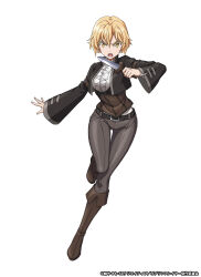  1girl :o artist_request belt black_belt black_jacket blonde_hair boots breasts brown_boots copyright_name copyright_notice cropped_jacket dagger fighting_stance framed_breasts full_body goblin_slayer! goblin_slayer:_the_endless_revenge grey_trim hand_up highres holding holding_dagger holding_knife holding_weapon jacket knife large_breasts long_sleeves looking_at_viewer noble_fencer_(goblin_slayer!) official_alternate_costume official_alternate_hairstyle official_art open_mouth second-party_source short_hair shouting simple_background solo standing standing_on_one_leg teeth tongue weapon white_background yellow_eyes 