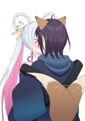  >_< 2girls absurdres animal_ears atem1020y blue_hoodie blush cho_kaguya-hime! colored_inner_hair commentary fox_ears fox_girl fox_tail hair_ornament hair_rings hair_stick highres hood hoodie kiss multicolored_hair multiple_girls pink_hair purple_hair runami_yachiyo runami_yachiyo_(tsukuyomi) sakayori_iroha sakayori_iroha_(tsukuyomi) short_hair simple_background tail tail_wagging white_background white_hair yuri 