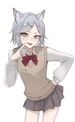  1boy :d animal_ears bow bowtie brown_sweater_vest cat_boy cat_ears cat_tail cocked_eyebrow cowboy_shot crossdressing crossdressing_(mtf) english_commentary finger_to_cheek grey_hair grey_skirt hair_ornament hairclip hand_on_own_hip highres latteratar long_sleeves looking_at_viewer male_focus miniskirt nishi_shunran official_alternate_costume official_alternate_hairstyle pleated_skirt red_bow red_bowtie school_uniform sharp_teeth shirt short_hair simple_background skirt smile solo standing sweater_vest swept_bangs tail teeth trap white_background white_shirt x_hair_ornament yani_neko yellow_eyes 