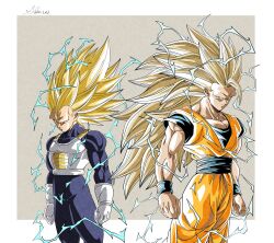  2boys aura blonde_hair commentary_request dougi dragon_ball dragon_ball_daima electricity highres long_hair male_focus multiple_boys saiyan saiyan_armor shinzeno son_goku spiky_hair super_saiyan super_saiyan_3 tall_hair vegeta very_long_hair 