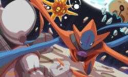  astronaut black_sclera colored_sclera crescent deoxys deoxys_(normal) highres lunatone narrowed_eyes pokemon pokemon_(creature) pokemon_focus red_eyes rock shintarokuma solrock space spacesuit sun_symbol 