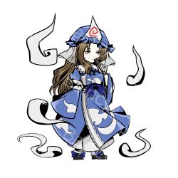  1girl ba_yun_qi black_sandals blue_dress blue_eyes blue_hat blue_sash bow brown_hair cosplay dress footwear_bow full_body hand_fan hat highres hitodama holding holding_fan limbus_company long_hair long_sleeves mob_cap parody project_moon rodion_(project_moon) saigyouji_yuyuko saigyouji_yuyuko_(cosplay) sandals sash sash_bow simple_background socks solo style_parody touhou triangular_headpiece veil very_long_hair white_background white_socks white_veil 
