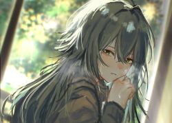  1girl blurry blurry_background closed_mouth commentary_request double-parted_bangs dutch_angle from_side gakuen_idolmaster green_eyes green_hair hair_between_eyes hair_intakes half-closed_eyes hand_on_own_cheek hand_on_own_face highres idolmaster long_hair looking_at_viewer painterly rasep solo teardrop tears tree tsukimura_temari upper_body window 