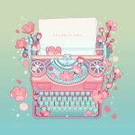  animated animated_gif artist_name blue_background cherry_blossoms english_text flower gradient_background highres no_humans object_focus original paper pink_flower simple_background snowlattes sparkle still_life typewriter 