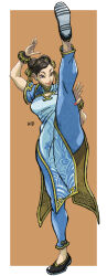  1girl absurdres blue_dress blue_pants bracelet breasts brown_eyes brown_hair chinese_clothes chun-li clothing_cutout commentary_request double_bun dress earrings flats hair_bun hidpict highres jewelry pants pelvic_curtain qipao ribbon smile solo split standing standing_on_one_leg standing_split street_fighter street_fighter_6 thick_thighs thighs yellow_ribbon 