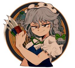  1girl between_fingers blue_vest bow braid clem_(calmeremerald) clock closed_mouth clothes_writing collared_shirt embodiment_of_scarlet_devil embodiment_of_scarlet_devil_new_classic green_bow green_ribbon grey_hair hair_bow highres holding holding_knife izayoi_sakuya knife long_hair looking_at_viewer maid_headdress neck_ribbon ribbon shirt smile solo touhou twin_braids upper_body v-shaped_eyebrows vest white_shirt 