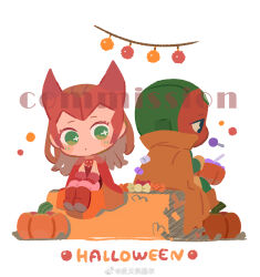  1boy 1girl blush bodysuit brown_hair candy cape chibi chibi_only chinese_commentary colored_skin commentary_request commission fanyixia_jier food gloves green_eyes happy_halloween lollipop long_hair looking_at_another magic marvel pink_bodystocking pumpkin red_tiara simple_background superhero_costume vision_(marvel) wanda_maximoff wandavision watermark weibo_username weibo_watermark white_background 