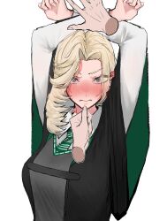  1girl absurdres black_robe blonde_hair blush bound bound_arms collared_shirt diagonal-striped_clothes diagonal-striped_necktie genderswap genderswap_(mtf) green_necktie green_robe grey_eyes hand_on_another's_chin harry_potter_(series) highres hogwarts_school_uniform looking_at_viewer malfoid medium_hair necktie pov restrained robe school_uniform shirt slytherin solo_focus striped_clothes striped_necktie sweater_vest tixxr_05 two-sided_fabric two-sided_robe two-tone_robe upper_body white_shirt wizarding_world 