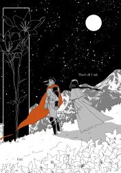  2boys absurdres alt_text commentary english_commentary fire_emblem fire_emblem:_radiant_dawn flower full_moon greyscale headband highres ike_(fire_emblem) long_hair male_focus monochrome moon mountain multiple_boys night short_hair soren_(fire_emblem) spot_color star_(sky) taxkha 
