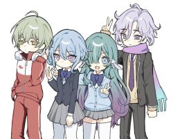 2boys 2girls alyosha_(genshin_impact) black_jacket blue_hair commentary_request cowboy_shot fins genshin_impact gradient_hair green_hair grey_hair hand_up head_fins highres jacket korean_commentary long_hair looking_at_viewer mitya_(genshin_impact) multicolored_hair multiple_boys multiple_girls odette_(genshin_impact) open_mouth ppako purple_hair school_uniform simple_background smile track_suit v very_long_hair violet_eyes vodyanitsa_(genshin_impact) white_background yellow_eyes 
