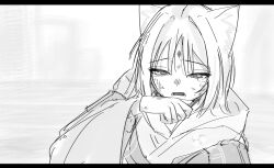  1girl animal_ears blush cho_kaguya-hime! crying crying_with_eyes_open forehead_jewel fox_ears fox_girl greyscale highres long_sleeves monochrome open_mouth sakayori_iroha sakayori_iroha_(tsukuyomi) sketch solo tears tt_(mmk_lr) upper_body 
