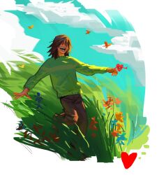  1other blue_sky brown_hair clouds cloudy_sky deltarune grass green_sweater hair_over_eyes heart highres holding_hands kris_(deltarune) medium_hair napsskai outdoors painterly red_soul_(utdr) single_horizontal_stripe sky soul_(utdr) striped_clothes striped_sweater sweater utdr_(toby_fox) 