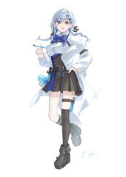  1girl :d absurdres asymmetrical_legwear black_ribbon black_shoes black_skirt black_socks blue_bow bow braid breasts chest_harness coat coat_partially_removed collared_shirt commentary ear_piercing full_body grey_hair hair_ornament hair_ribbon hairclip hakase_fuyuki hakase_fuyuki_(10th_costume) harness highres holding holding_test_tube kneehighs kotorime_(kmizuq1) large_breasts long_hair long_sleeves looking_at_viewer low_twintails mismatched_legwear nijisanji number_hair_ornament off_shoulder open_clothes open_coat pi_(math) piercing pleated_skirt red_eyes ribbon shirt shoes signature simple_background skirt smile socks solo standing standing_on_one_leg test_tube thigh-highs thigh_strap twintails underbust untranslatable_commentary virtual_youtuber white_background white_coat white_shirt 