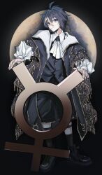  1boy ahoge asak_last ascot black_background black_coat black_hair black_shoes black_shorts black_socks black_vest blonde_hair brooch closed_mouth coat collared_shirt commentary_request full_body gold_trim hair_between_eyes highres inami_rai jewelry long_bangs long_sleeves looking_at_viewer male_focus mercury_(planet) mercury_symbol multicolored_hair nijisanji official_alternate_costume open_clothes open_coat planet ponytail puffy_long_sleeves puffy_sleeves shin_strap shirt shoes short_ponytail shorts smile socks solo standing streaked_hair tassel two-tone_hair vest violet_eyes virtual_youtuber waistcoat white_ascot white_shirt 