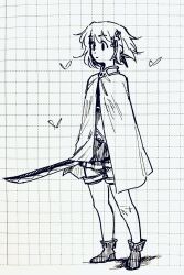  1girl ballpoint_pen_(medium) boots cape commentary fortissimo full_body gloamy greyscale hair_ornament highres holding holding_sword holding_weapon magical_girl mahou_shoujo_madoka_magica mahou_shoujo_madoka_magica_(anime) miki_sayaka miki_sayaka_(magical_girl) monochrome musical_note musical_note_hair_ornament pen_(medium) short_hair sketch skirt solo standing sword thigh-highs traditional_media weapon 