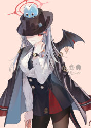  1girl big_brother_(blue_archive) black_coat black_hat black_necktie black_skirt black_wings blue_archive braid breasts brown_pantyhose coat coat_on_shoulders collared_shirt commentary_request fedora hair_ornament hairclip halo haruna_(blue_archive) hat highres holding inogashi light_smile long_hair long_sleeves looking_at_viewer necktie one_eye_covered pantyhose pink_background red_eyes shirt shirt_tucked_in short_necktie side_braid simple_background single_wing skirt smile solo tail watch watch wavecat_(blue_archive) white_shirt wing_ornament wings 