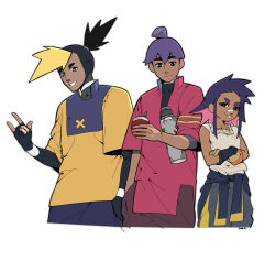  1girl 2boys \m/ absurdres artist_name black_hair blonde_hair buck_teeth cal_(electro_andes) clothes_around_waist electro_andes hand_in_pocket highres kiwi_(electro_andes) multicolored_hair multiple_boys pink_hair shirt shirt_around_waist signature teeth thesov43 two-tone_hair yerba_mate 