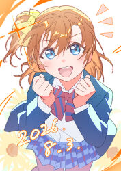 1girl :d absurdres blazer blue_eyes blue_jacket blue_skirt bow bowtie brown_hair clenched_hands commentary_request cowboy_shot dated diagonal-striped_bow diagonal-striped_bowtie diagonal-striped_clothes dress_shirt hair_between_eyes hair_bow highres inazuma_(elect_line) jacket kosaka_honoka long_sleeves looking_at_viewer love_live! love_live!_school_idol_project medium_hair miniskirt one_side_up open_clothes open_jacket open_mouth orange_hair otonokizaka_school_uniform plaid_clothes plaid_skirt pleated_skirt red_bow red_bowtie school_uniform shirt skirt smile solo striped_bow striped_bowtie striped_clothes teeth upper_teeth_only white_shirt winter_uniform yellow_bow 