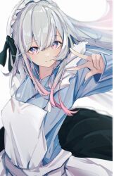  1girl alternate_costume alternate_hair_length_(longer) amane_kanata black_skirt blue_hair blue_jacket circle_skirt closed_mouth colored_inner_hair commentary_request film_grain grey_hair highres hololive jacket jersey_maid light_blush long_hair long_sleeves maid maid_headdress missing_halo missing_wings multicolored_hair pink_streaks raised_eyebrows simple_background skirt smile solo streaked_hair sui._(suikun) three-quarter_sleeves unconventional_maid very_long_hair violet_eyes virtual_youtuber w white_background 