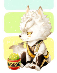  animal animal_focus birthday_boy_(twisted_wonderland) blush_stickers cactus clothed_animal commentary_request full_body jack_howl jack_howl_(wolf) jacket ki_toji no_humans plant potted_plant sash sitting tail tail_wagging twisted_wonderland white_jacket white_wolf wolf yellow_eyes 