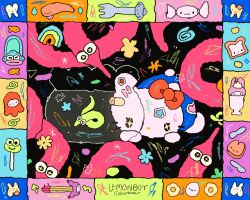  absurdres artist_name bandaid border bow bread bread_slice candy character_request colorful commentary doodle_background egg english_commentary fish fishbowl flower food fork fried_egg frog hair_bow hello_kitty hello_kitty_(character) highres instagram_username instrument knife lemonbo_y lying milkshake no_humans on_stomach ornate_border rainbow sanrio smile tooth worm 