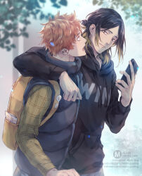  2boys arm_around_shoulder backpack bag black_hair black_hoodie blonde_hair cellphone drawstring facebook_username haikyuu!! hinata_shouyou holding holding_phone hood hood_down hoodie instagram_username kozume_kenma male_focus minoru_(minoru_uwutemp) multicolored_hair multiple_boys open_mouth orange_hair patreon_username phone side-by-side smartphone two-tone_hair watermark web_address 