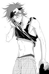  1boy bandana blush closed_mouth clothes_lift commentary_request drawstring greyscale holding holding_skateboard korean_commentary kyan_reki male_focus monochrome navel shirt_lift short_hair simple_background sk8_the_infinity skateboard solo sweat tank_top white_background wiping_sweat wwrin_sk8 
