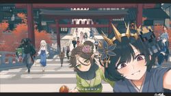  6+girls :d absurdres blue_hair bob_cut carrying crown everyone fence flower forehead_jewel from_above full_body green_eyes grin hair_between_eyes hair_bun hair_flower hair_ornament highres house monumenta multiple_girls multiple_torii outdoors paper_box pointy_ears robe scarf sidelocks smile stairs torii tree violet_eyes walking 