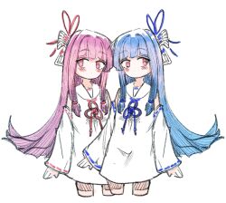  2girls blue_hair blue_ribbon blunt_bangs blush closed_mouth clothing_cutout commentary_request cowboy_shot dress expressionless hair_intakes hair_ribbon highres kotonoha_akane kotonoha_aoi kyuu_(que_9) long_hair looking_at_viewer multiple_girls pink_eyes pink_hair pink_ribbon ribbon sailor_dress shoulder_cutout siblings simple_background sisters solo very_long_hair voiceroid white_background white_dress 