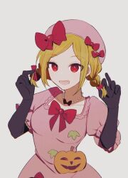  1girl bakara_(19083210) black_bow black_gloves blonde_hair bow bow_necklace bowtie braid breasts collarbone commentary_request cowboy_shot dress elbow_gloves fang frilled_sleeves frills gloves grey_background hat hat_bow holding_own_hair lambdadelta medium_breasts open_mouth pink_dress pink_hat puffy_short_sleeves puffy_sleeves pumpkin_ornament red_bow red_bowtie red_eyes short_sleeves simple_background smile solo twin_braids umineko_no_naku_koro_ni 