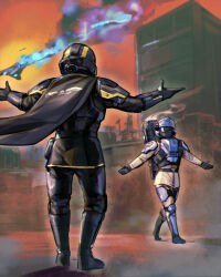  2others absurdres aircraft airplane armor bane_vs._pink_guy_(meme) belt black_boots black_gloves boots building bulletproof_vest cape cityscape commentary cuisses english_commentary fighter_jet gloves goggles greaves helldiver_(helldivers) helldivers_(series) helmet highres illuminate_(helldivers) meme military_vehicle multiple_others orange_sky phantom_cross radio_antenna radio_tower rocket_launcher seaf_soldier_(helldivers) skull sky stingray_(helldivers) weapon 