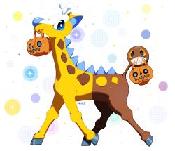  alternate_color artist_name girafarig giraffe halloween jack-o'-lantern no_humans official_alternate_color pokemon pokemon_(creature) pokemon_focus shiny_pokemon sparkle sparkle_background sparkling_eyes transparent_background trick_or_treat walking willow-pendragon 